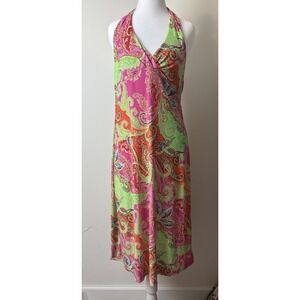 Lauren Ralph Lauren Paisley Print Pink Halter Midi dress Size M‎ Silk&Cotton Y2k
